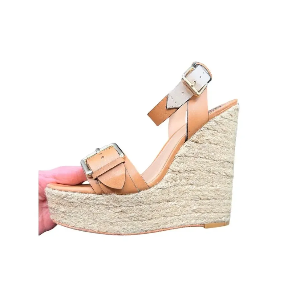 Pour La Victoire Espadrille Wedge Sandals Brown Leather Size 8